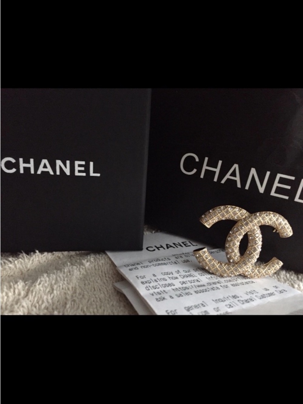 Authentic CHANEL Gold-Tone Textured Double CC Crystal Brooch with box